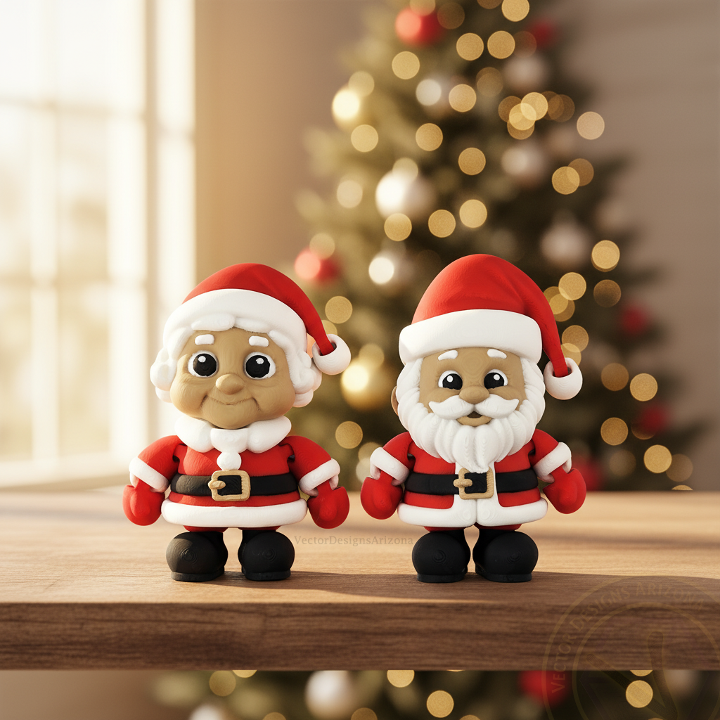Mrs. Santa and Santa 3-inch flexy fidgets on a wood shelf, soft holiday lights.