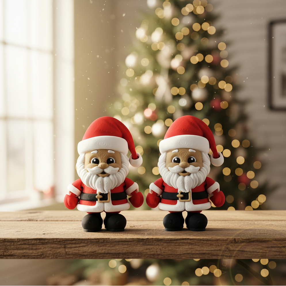 3-inch Santa flexy fidget pair on wood shelf with Christmas tree bokeh.