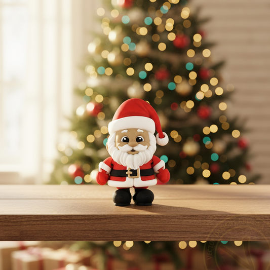 3-inch Santa flexy fidget on wood shelf, blurred Christmas tree lights.