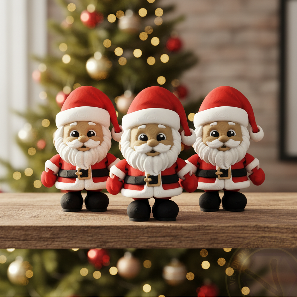 Closeup trio of 3-inch Santa flexy fidgets with blurred Christmas tree.