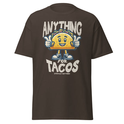 Brown T-shirt with smiling taco and “Anything For Tacos” slogan, front view.