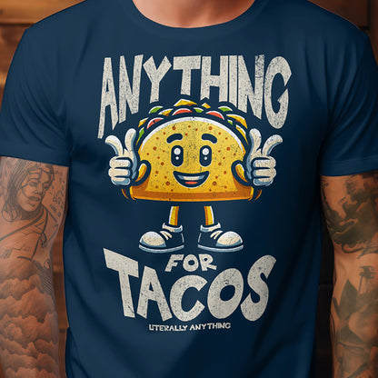 Close-up of navy T-shirt with smiling taco and “Anything For Tacos” text.