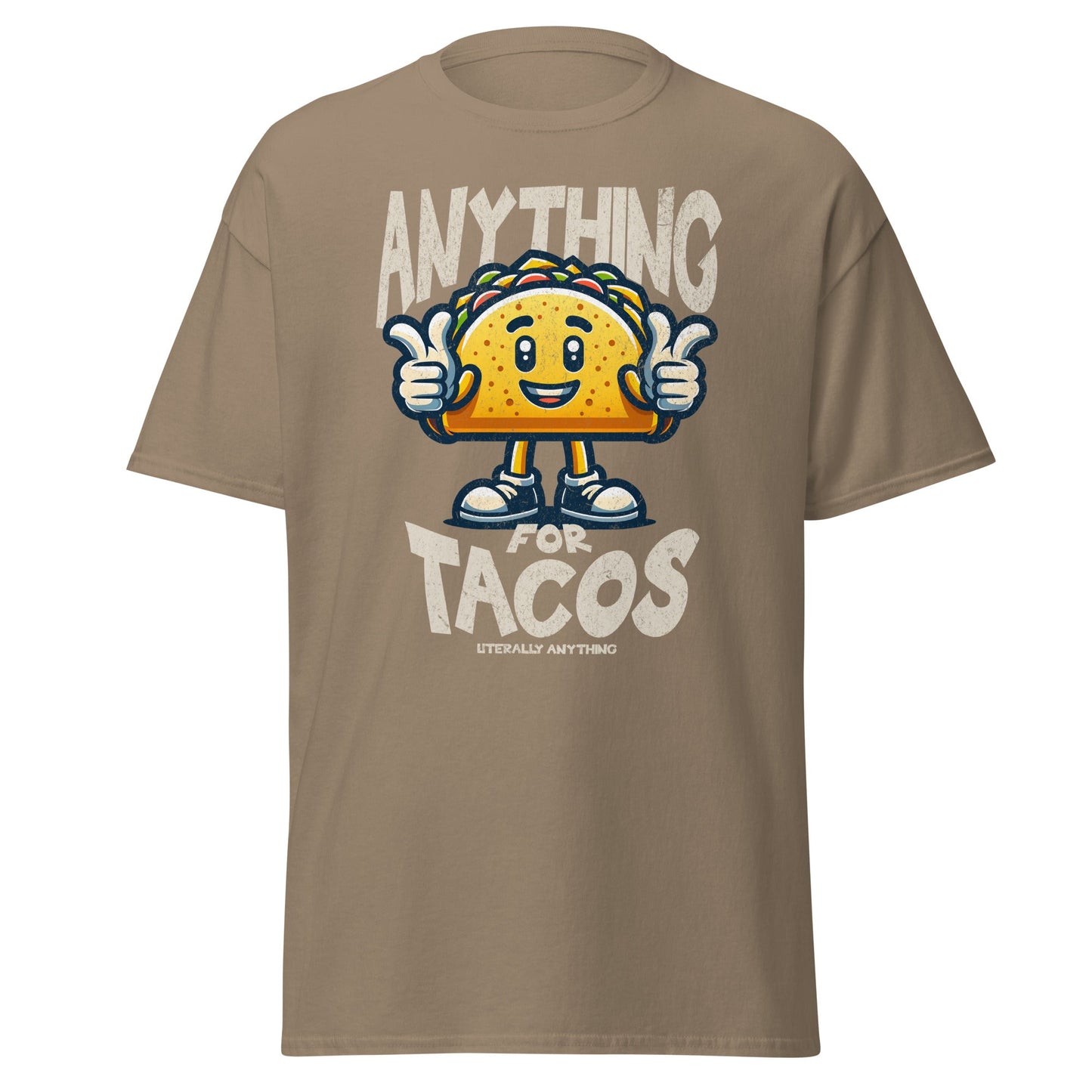 Khaki T-shirt with smiling taco and “Anything For Tacos” slogan, front view.