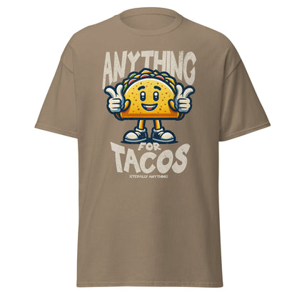 Khaki T-shirt with smiling taco and “Anything For Tacos” slogan, front view.