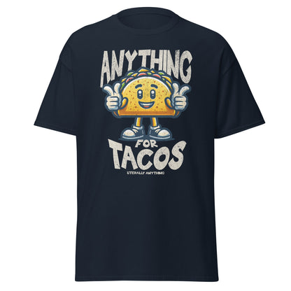 Navy T-shirt with smiling taco and “Anything For Tacos” slogan, front view.