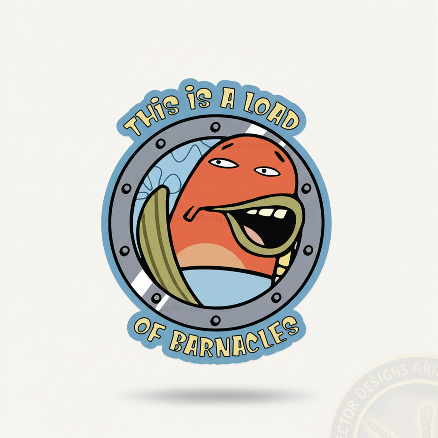 Cartoon barnacles vinyl sticker with porthole design on plain light background.