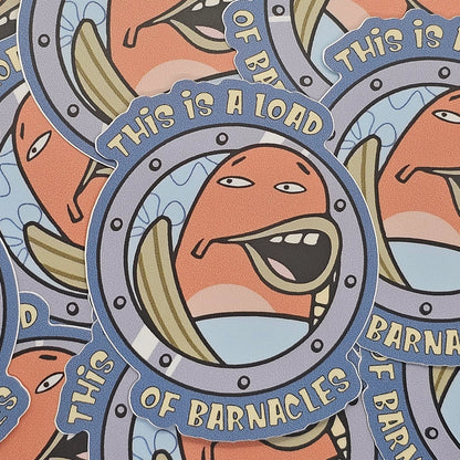 Pile of overlapping barnacles cartoon vinyl stickers showing full colorful porthole design.