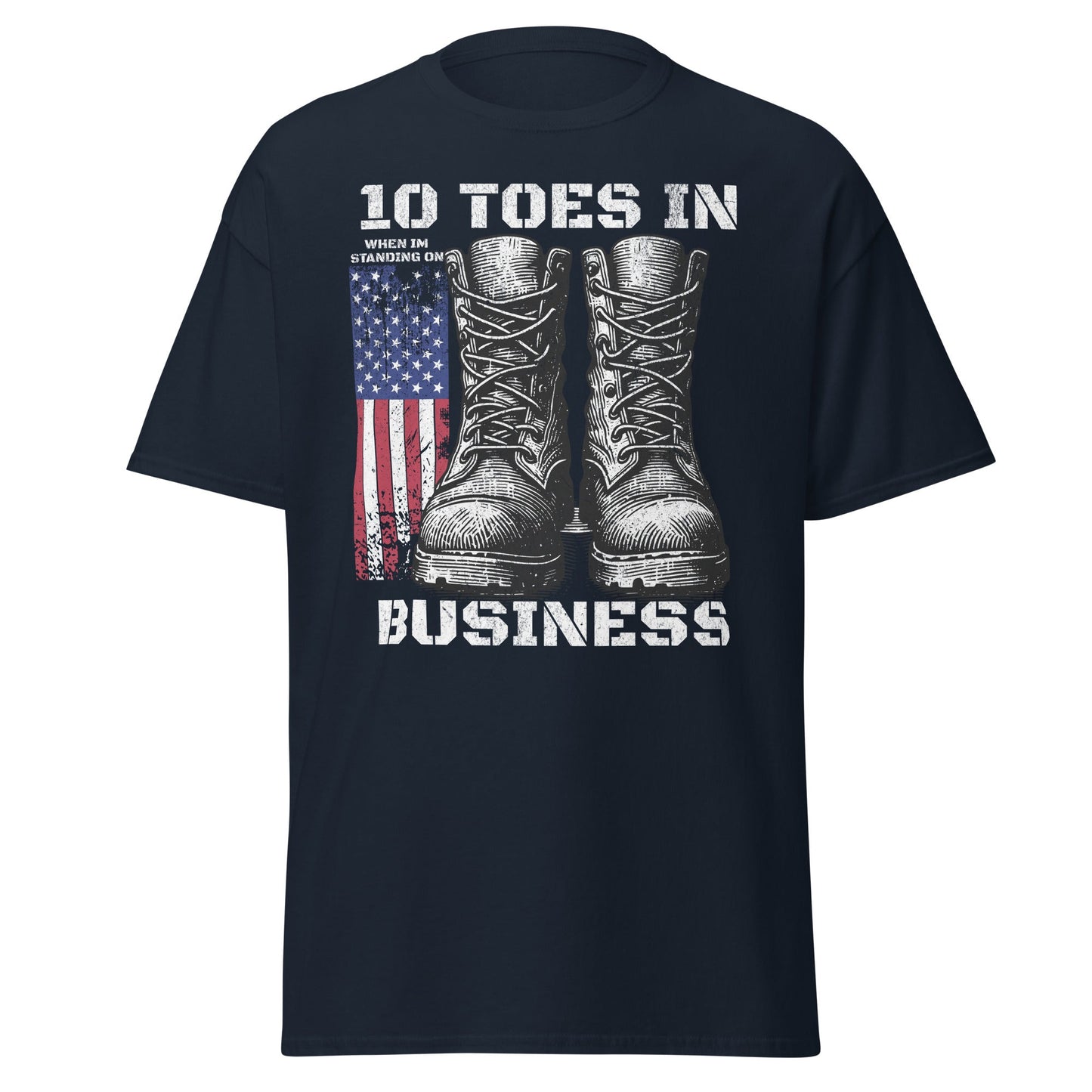 Navy patriotic T-shirt with boots and American flag graphic on white background.