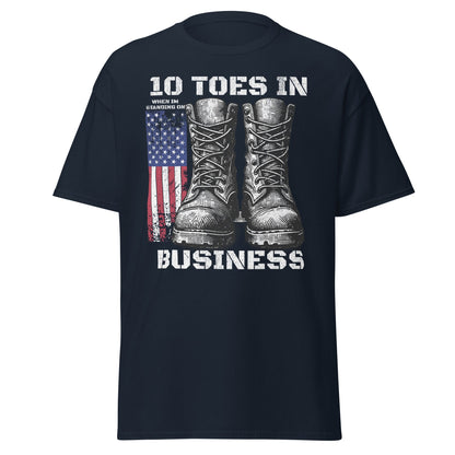Navy patriotic T-shirt with boots and American flag graphic on white background.