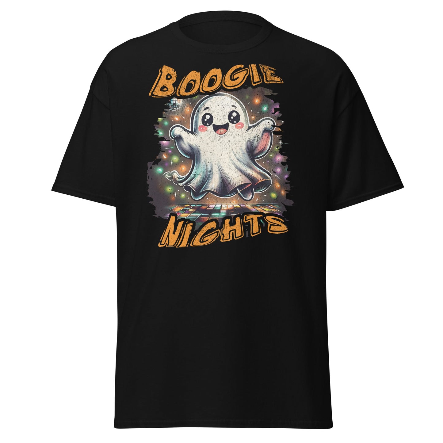 Black T-shirt with Boogie Nights cute ghost disco dance floor graphic, front view.
