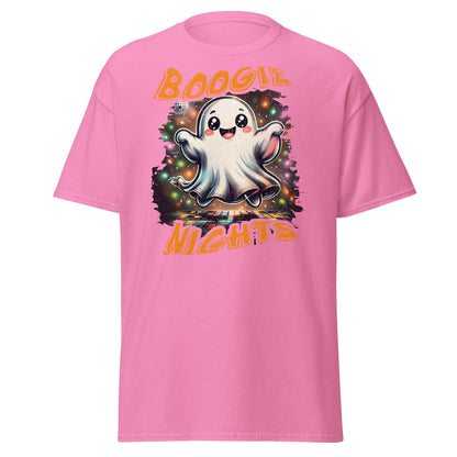 Pink T-shirt with Boogie Nights cute ghost disco dance floor graphic, front view.