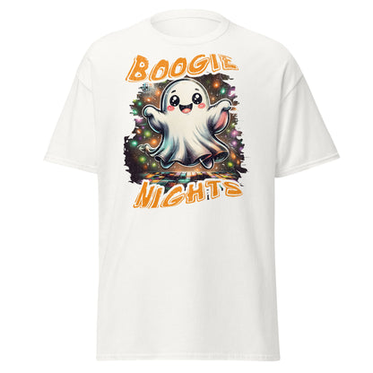 White T-shirt with Boogie Nights cute ghost disco dance floor graphic, front view.