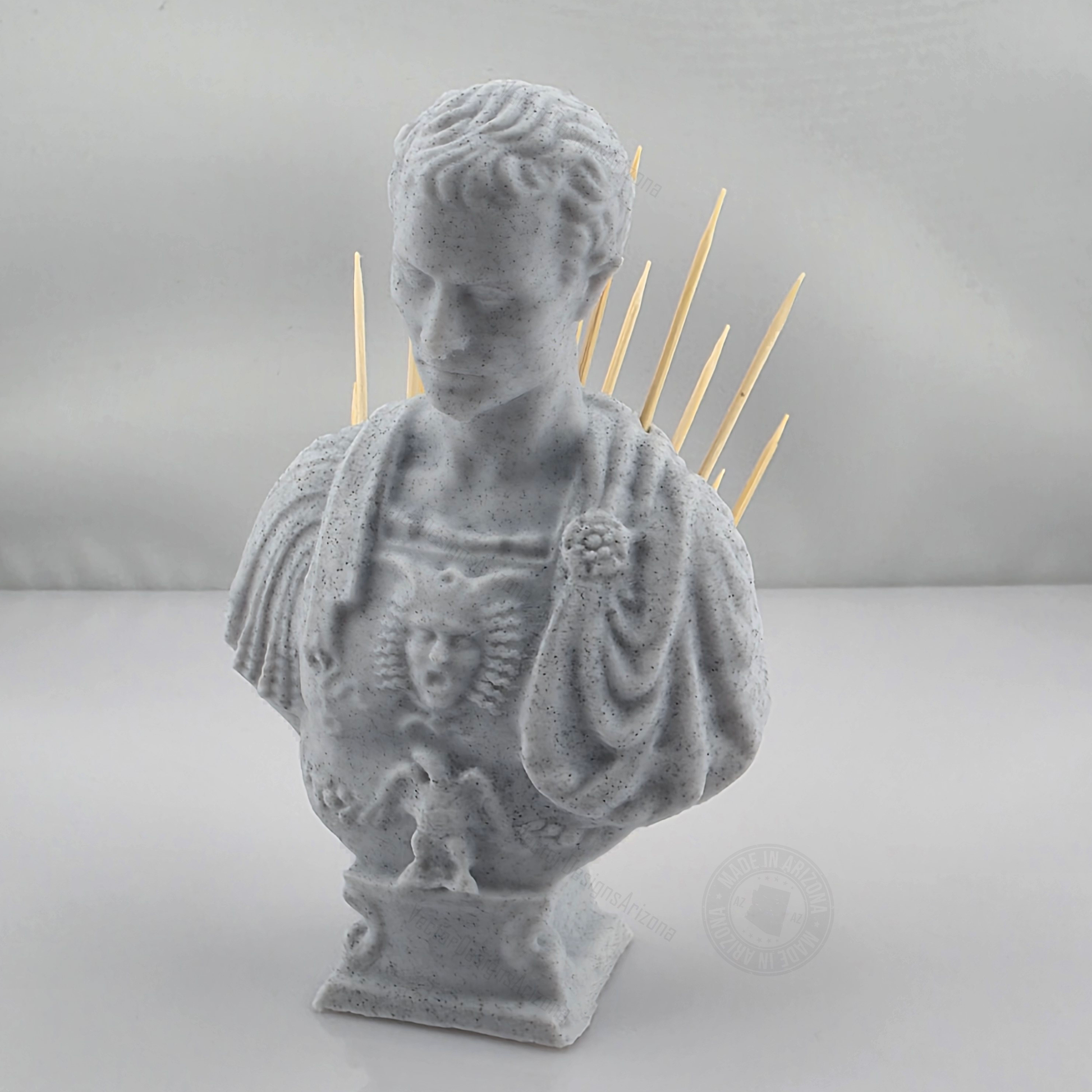 Front view of 3D printed marble style Caesar bust toothpick holder with toothpicks arranged behind the shoulders on a white background