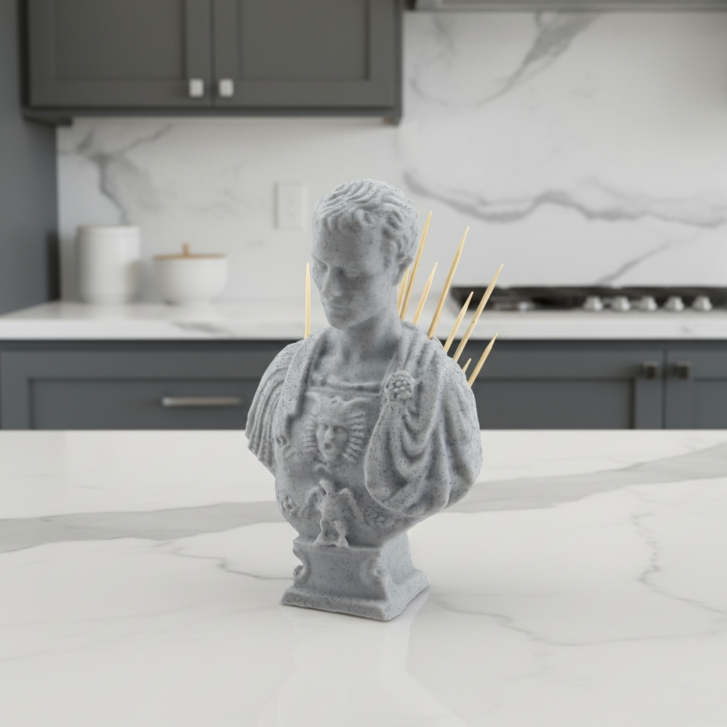 Caesar bust toothpick holder in speckled marble style PLA displayed on a modern kitchen countertop with toothpicks for functional decor