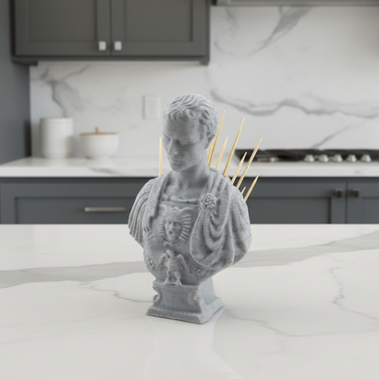 Caesar bust toothpick holder in speckled marble style PLA displayed on a modern kitchen countertop with toothpicks for functional decor