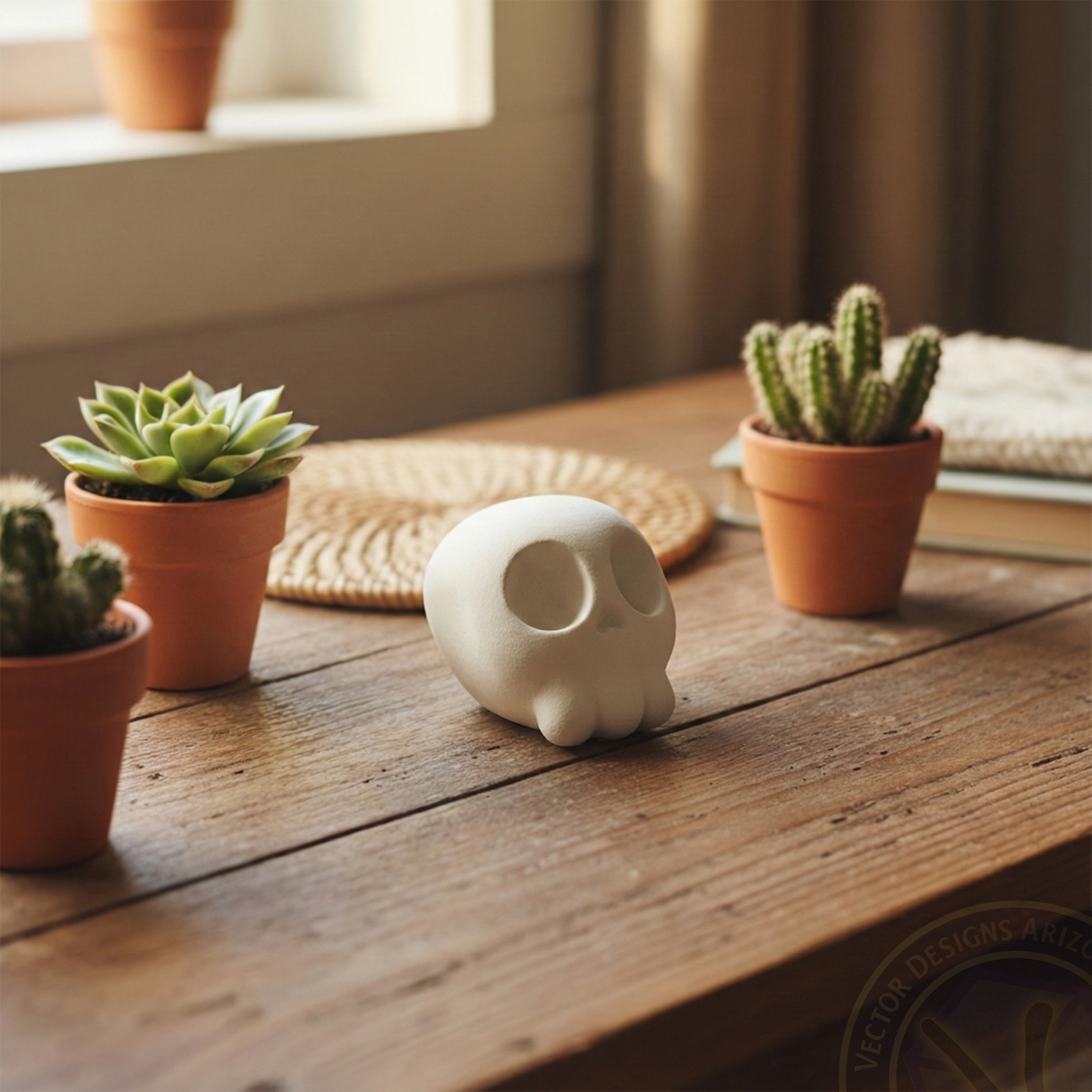 Single white cartoon skull figurine on wooden desk with potted succulents and cactus.