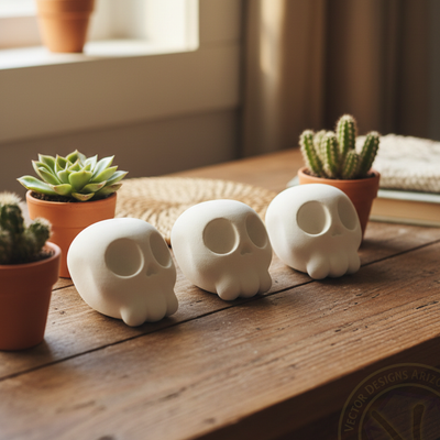 Three white cartoon skull figurines on wooden desk surrounded by small potted succulents.