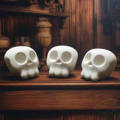 Three white cartoon skull figurines on dark wooden shelf in moody spooky setting.