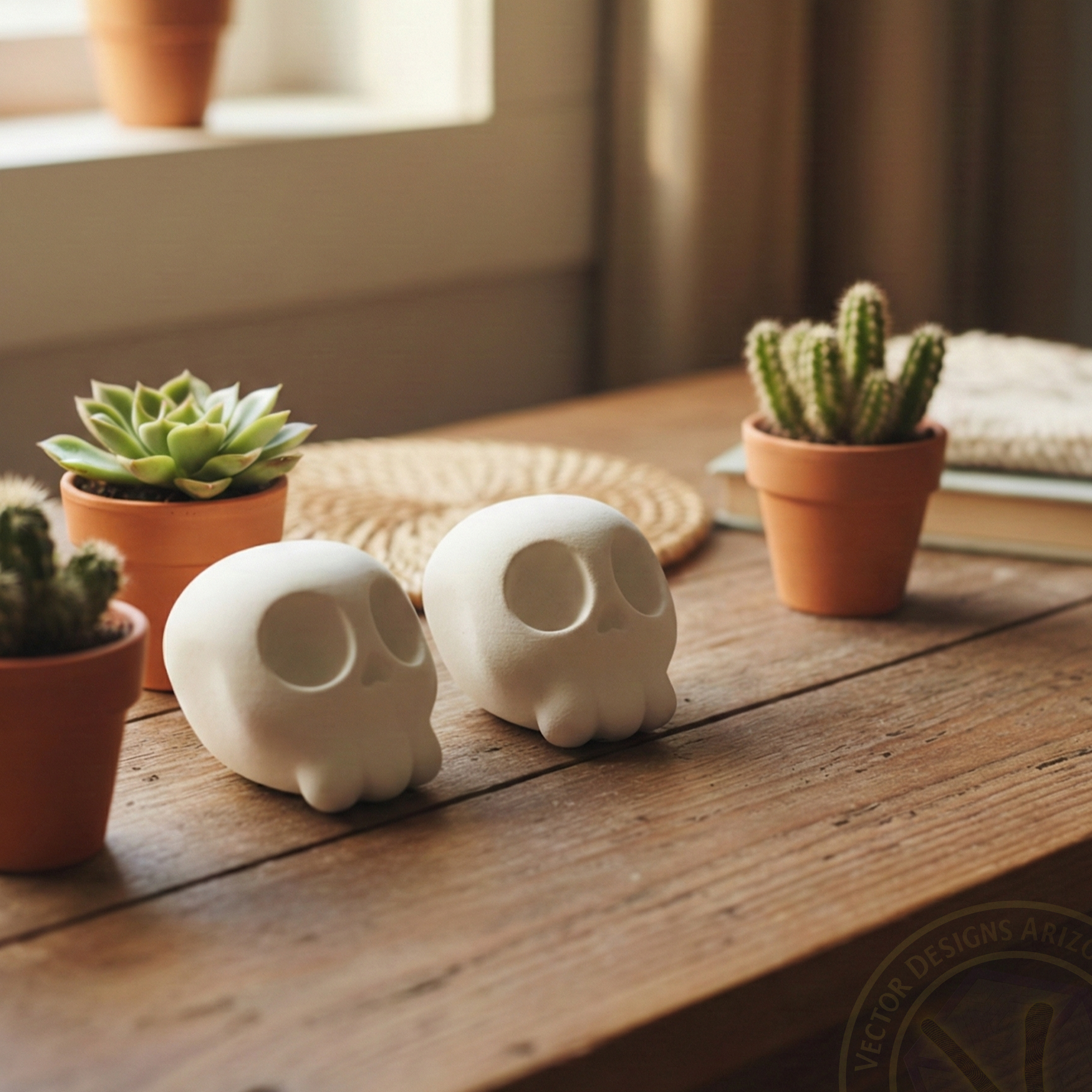 Two white cartoon skull figurines on wooden desk with small potted succulents nearby.