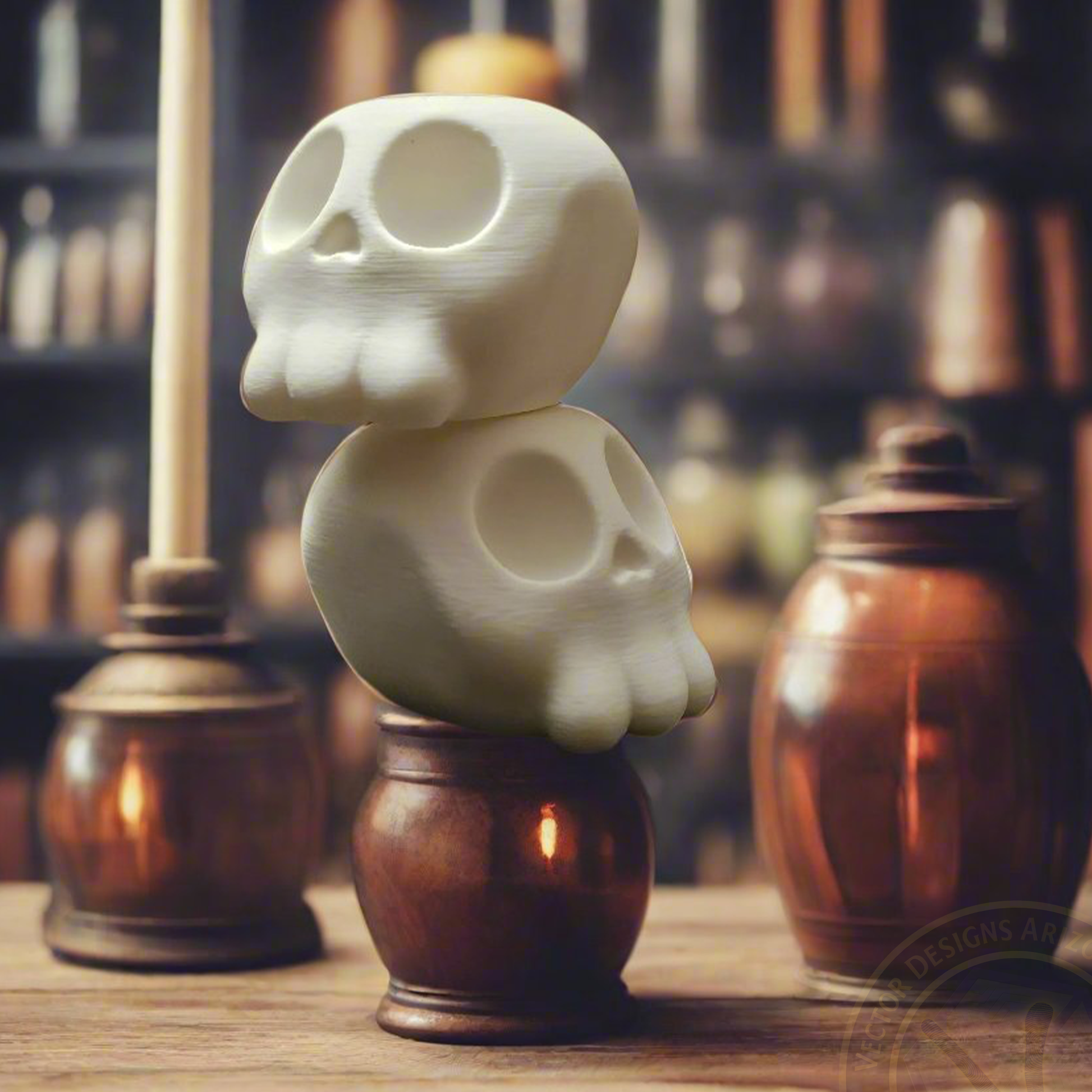 Two white cartoon skull figurines stacked on wooden jars in moody potion room scene.