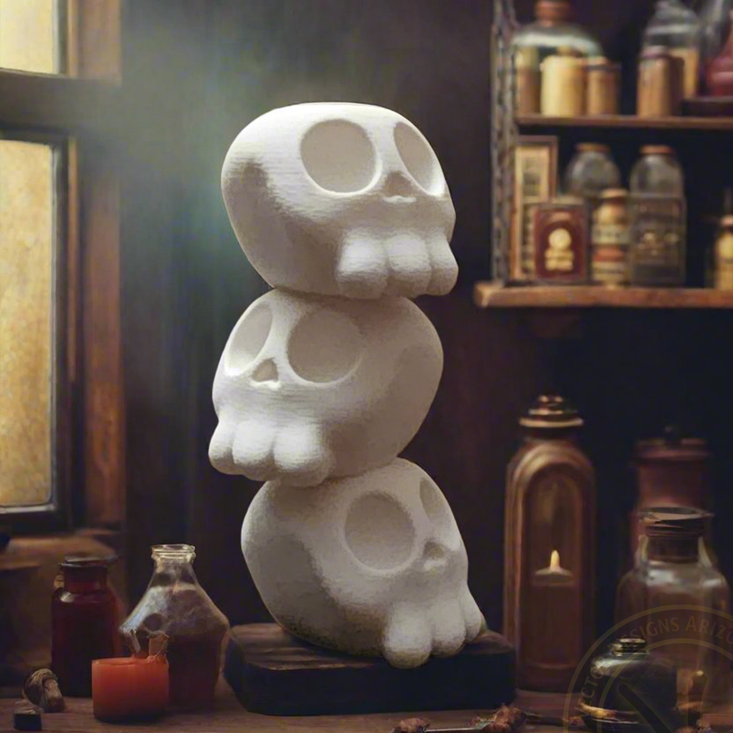 Three white cartoon skull figurines stacked on desk among candles and potion bottles.