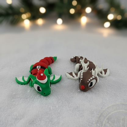 VectorDesignsArizona 3D printed flexi Elf Dragon and Reindeer figurines displayed on snow as cozy holiday desk décor with twinkle lights.
