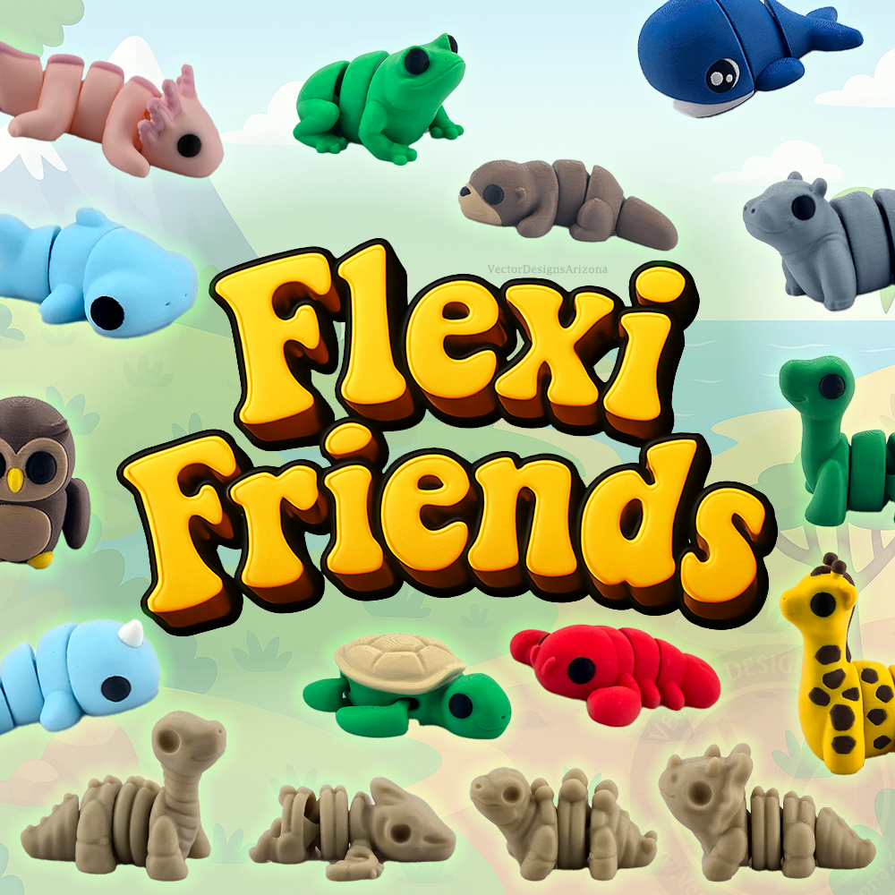 Flexi Friends title surrounded by colorful mini flexy animal toys on cartoon background.