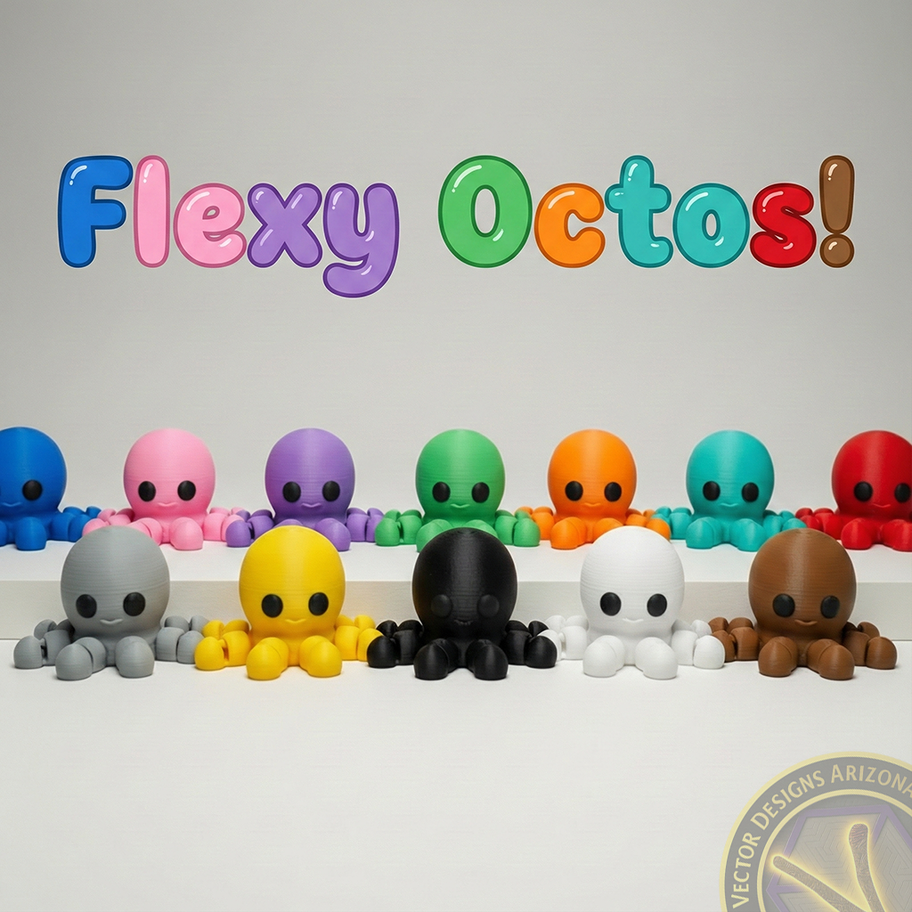 Row of colorful flexi octopus toys in multiple bright colors on white background.