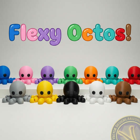 Row of colorful flexi octopus toys in multiple bright colors on white background.