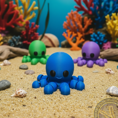 Blue flexi octopus toy on sandy seabed with green and purple octopus and coral background.