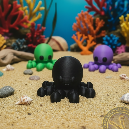 Black flexi octopus toy on sandy seabed with green and purple octopus and colorful coral.