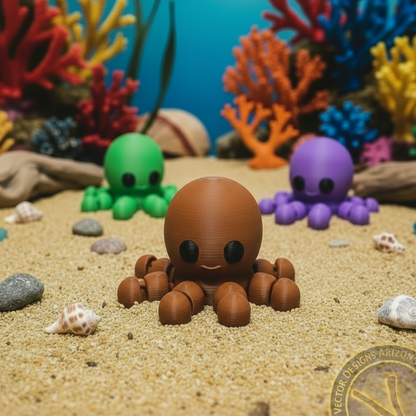 Brown flexi octopus toy on sandy seabed with green and purple octopus and colorful coral.