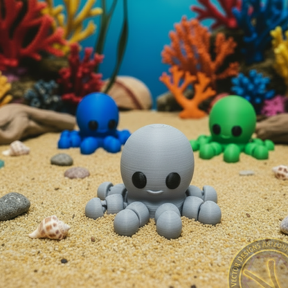Gray flexi octopus toy on sandy seabed with blue and green octopus and colorful coral.
