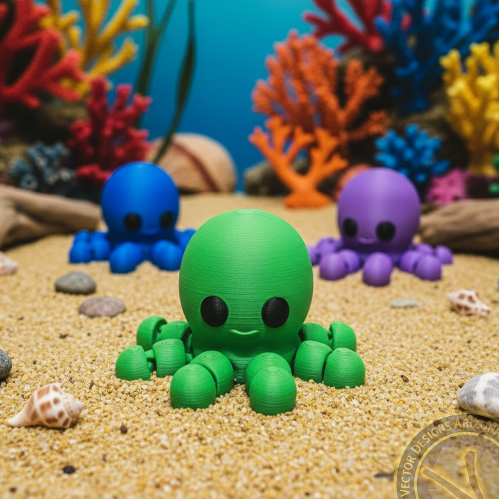 Green flexi octopus toy on sand with blue and purple octopus in coral reef background.