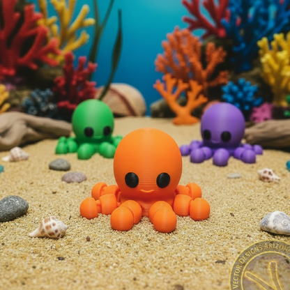 Orange flexi octopus toy on sandy seabed with green and purple octopus and coral background.