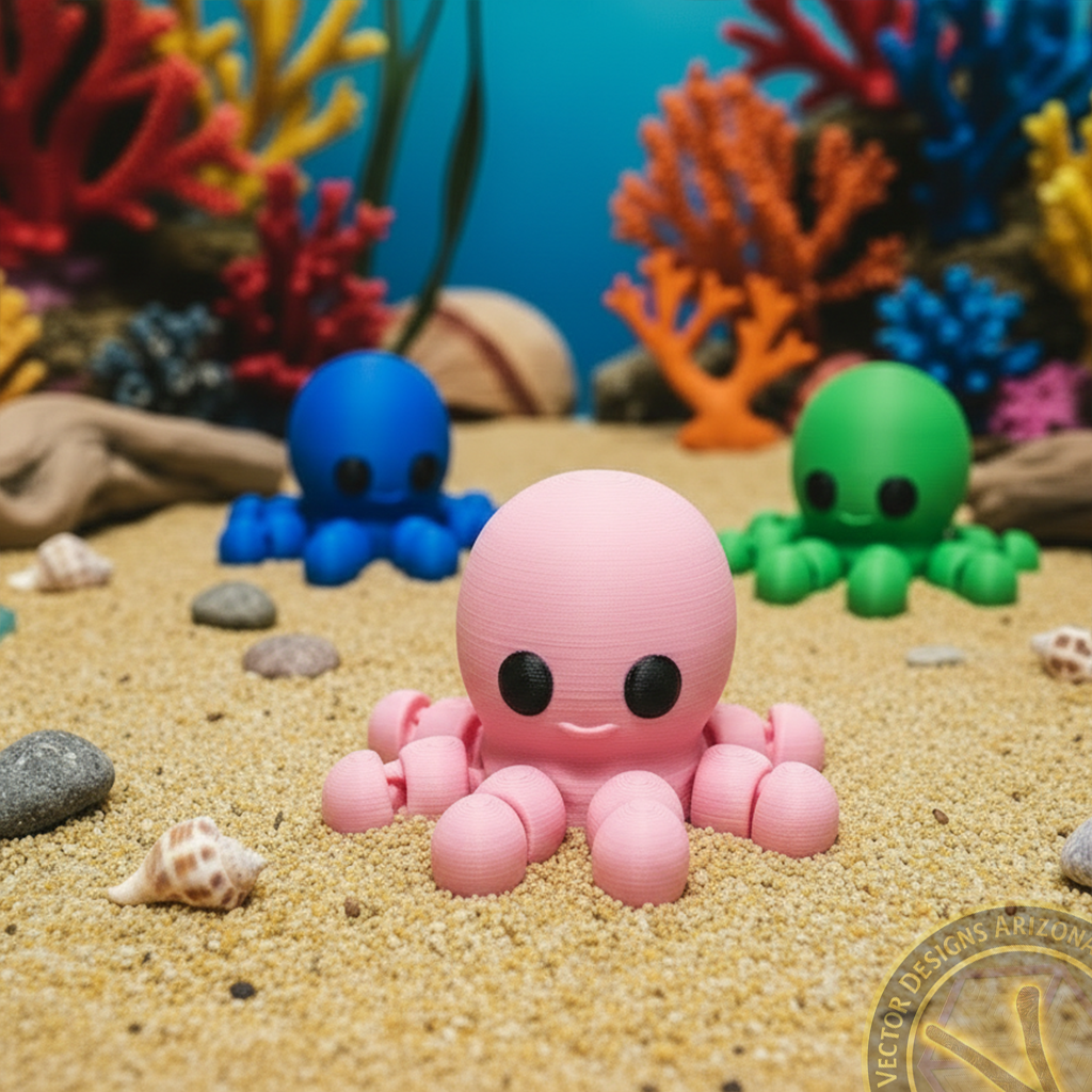 Pink flexi octopus toy on sand with blue and green octopus and coral background.