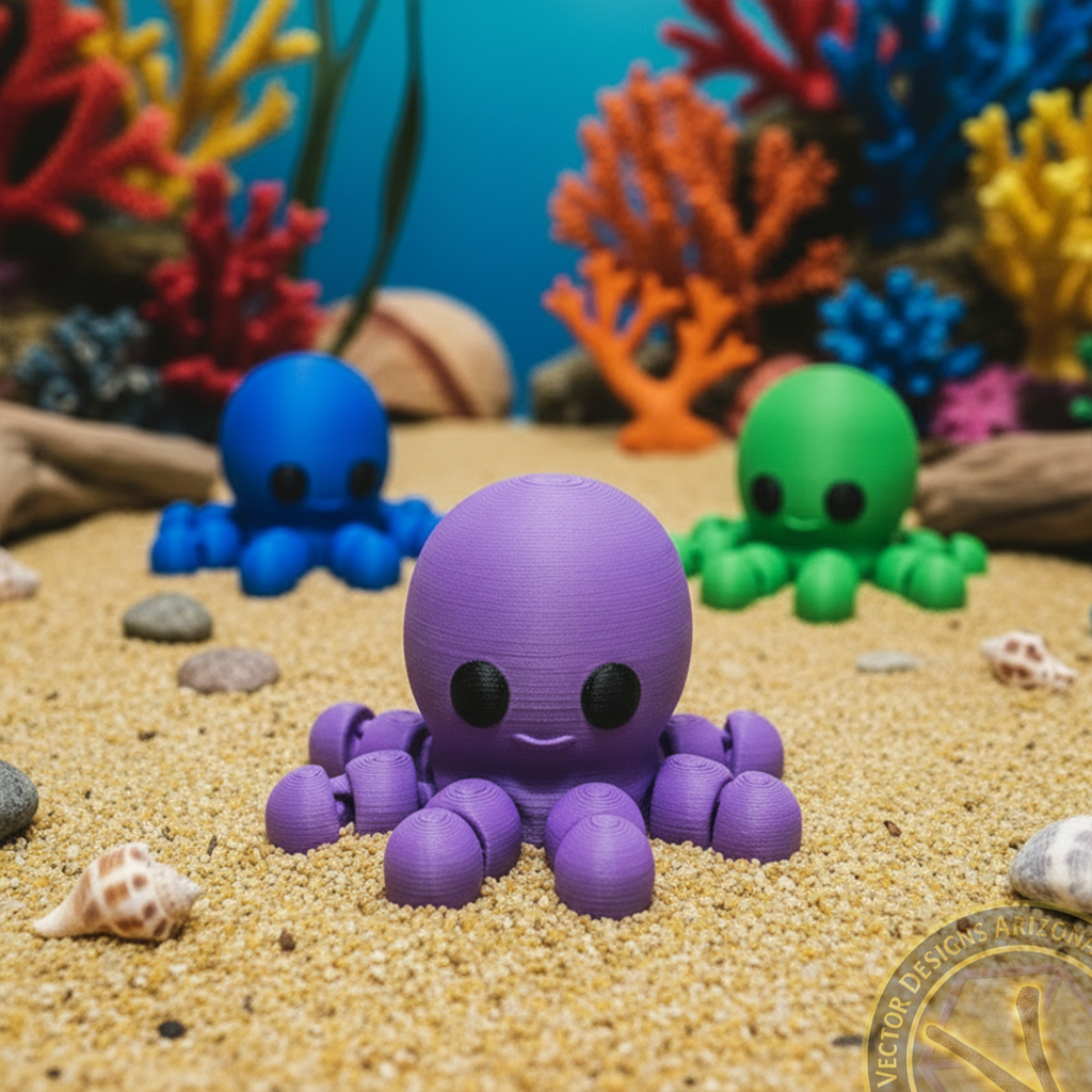 Purple flexi octopus toy on sandy seabed with green and blue octopus and coral background.