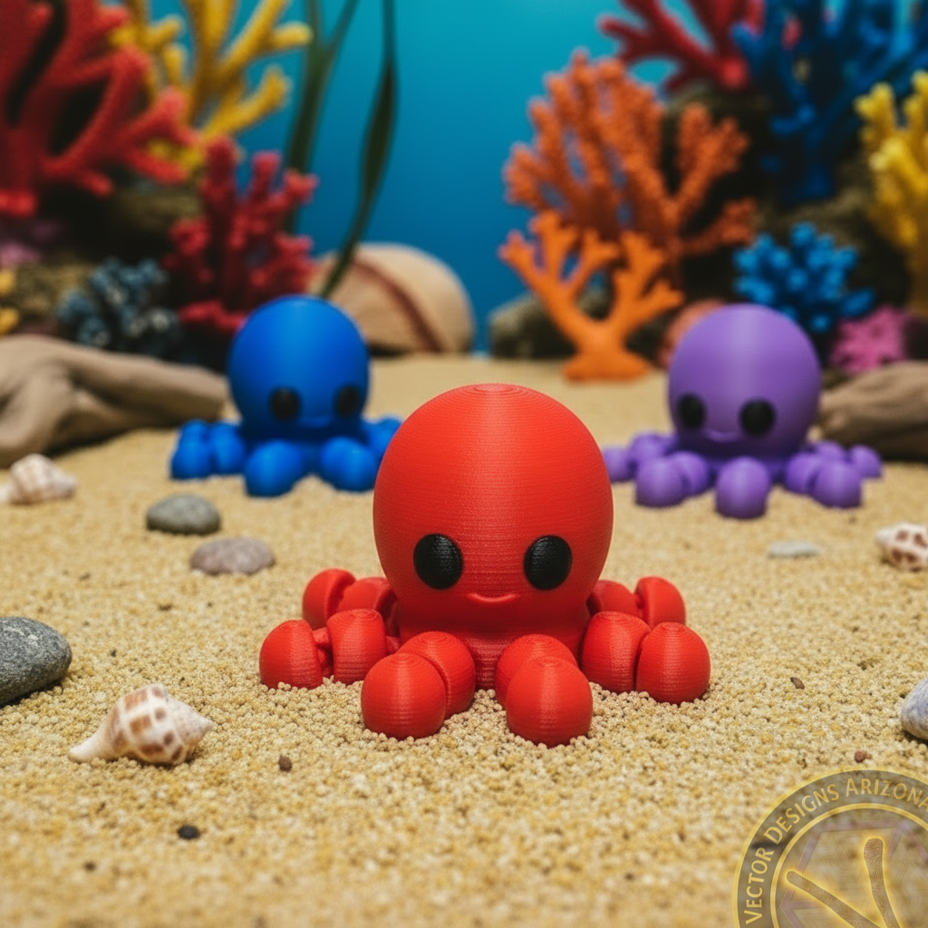 Red flexi octopus toy on sandy seabed with blue and purple octopus and colorful coral.