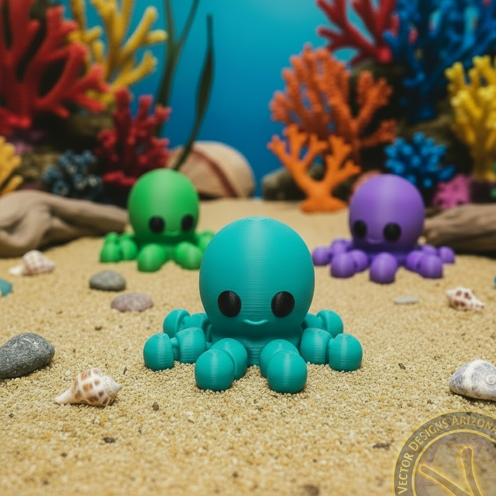 Teal flexi octopus toy on sandy seabed with green and purple octopus and coral background.