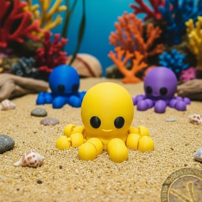 Yellow flexi octopus toy on sandy seabed with blue and purple octopus and coral background.