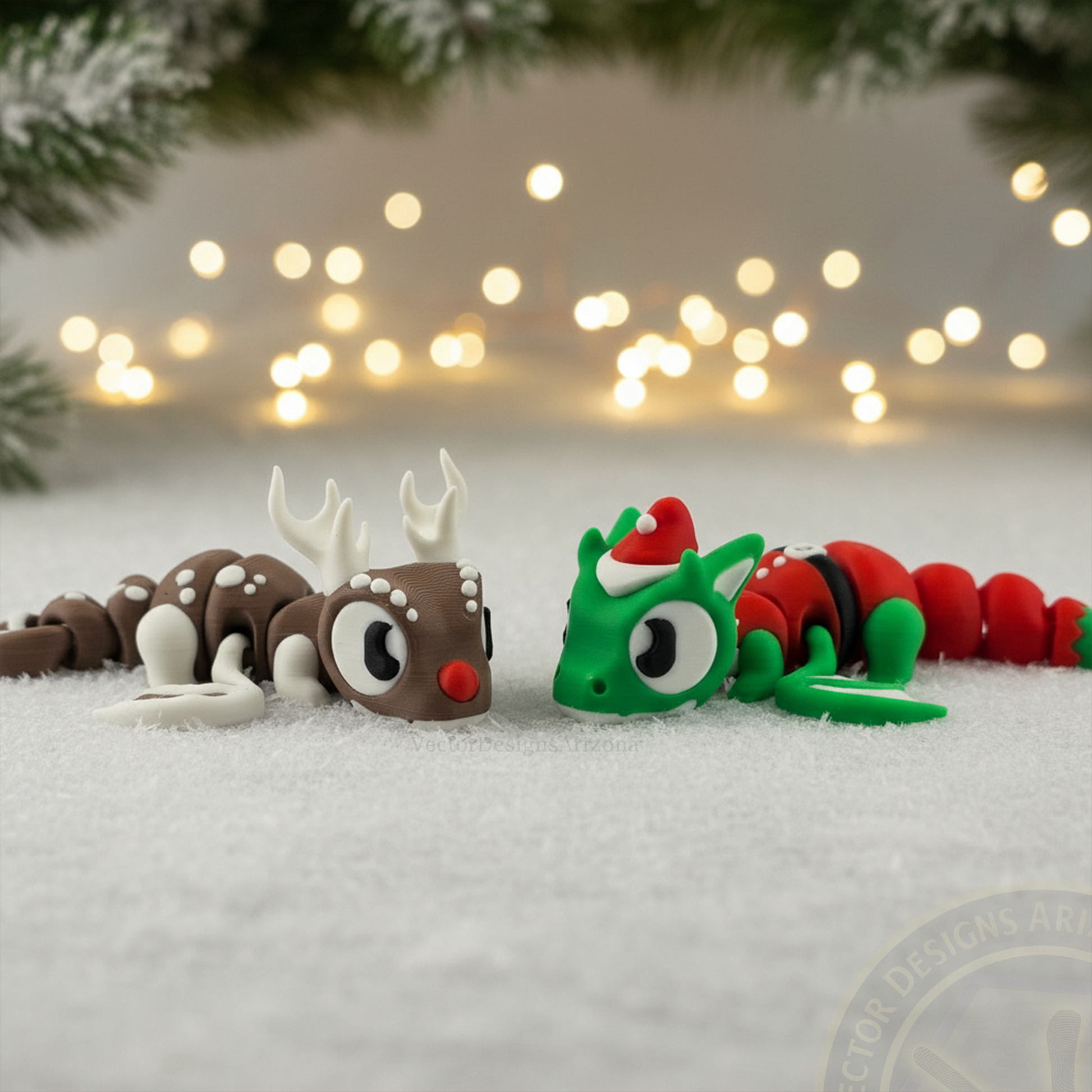 VectorDesignsArizona flexi Reindeer and Elf Dragon 3D printed Christmas figurines displayed on snow with blurred holiday lights and pine branches.