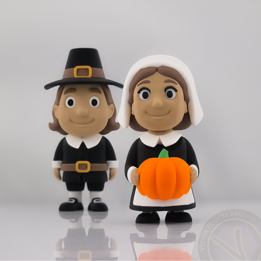 Flexy Pilgrim girl fidget 3 inches holding pumpkin, front view