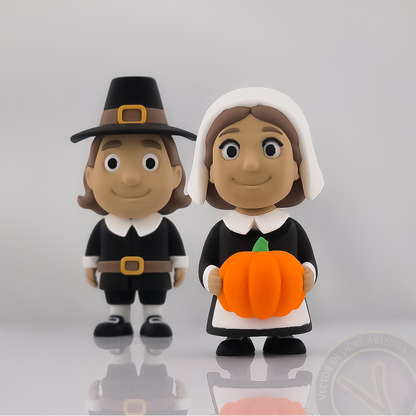 Flexy Pilgrim girl fidget 3 inches holding pumpkin, front view