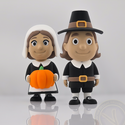 Front view of 3 inch flexy Pilgrim boy and girl fidgets