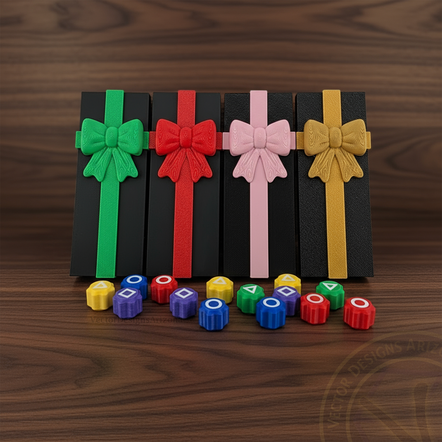 VectorDesignsArizona 3D printed gonggi game gift box set with colorful bows displayed on a walnut table.