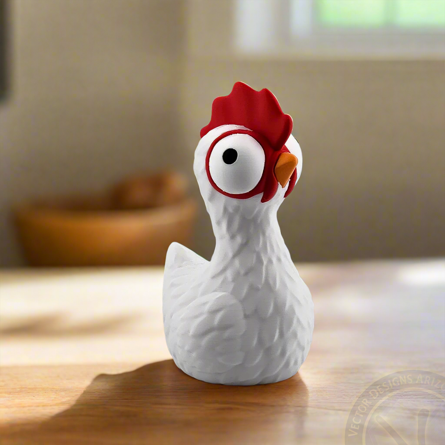 White goofy chicken figurine with red comb and beak standing on wooden tabletop.