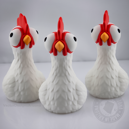 Three goofy chicken figurines in a row on light grey studio background.