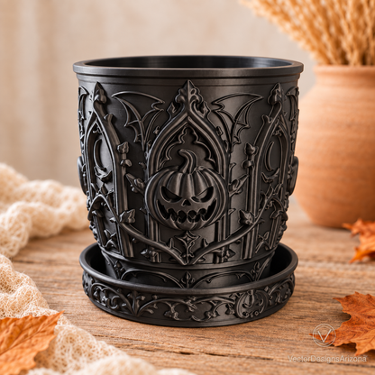Matte black Gothic Pumpkin dry planter with matching saucer on a warm autumn tabletop.
