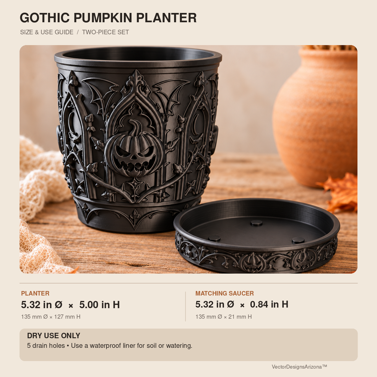 Size guide: planter 5.32 inches diameter by 5 inches high; saucer 5.32 by 0.84 inches. Dry use; waterproof liner for soil or watering.
