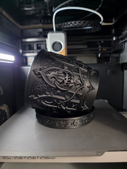 Actual angled view of planter relief and matching saucer